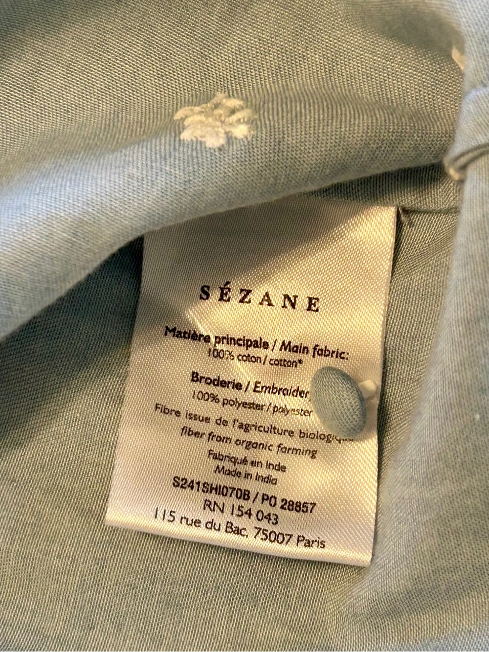 NWT SZ 6 Sézane Kelia Light Denim Blouse with White Floral Embroidery 🇫🇷! - Picture 8 of 9